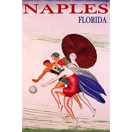 WONDERFULITEMS Naples Florida Summer Beach Happy Women Playing Ball Sun Umbrella USA Travel 16" x 24" Image Size Vintage Poster repro Canvas Rolled up. We Have Other Sizes