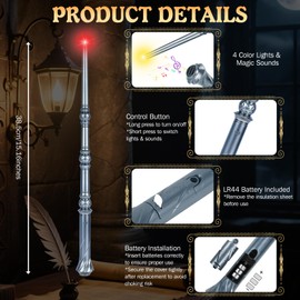 Light Up Magic Wizard Wand with Sounds & 4 Color Lights Illuminating Witch Toys for Kids Cosplay Party Birthday Gift, Silver, 2PCS