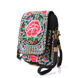 Goodhan Flowers Embroidery Canvas Crossbody Bag, Women Messenger Bag, Cellphone Pouch Purse, Style 01: Basic Version - Redrose