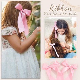 2Pcs Long Ribbon Hair Bows for Girls Hair Clip Silk Hair Bow Ribbon Hair Accessories for Baby Toddlers Infant Teens Kids (Pink)
