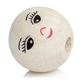 30 Beautiful Wooden Beads 14 mm Round with a Smiling Face – Hole 2.9 – 4.3 mm – Natural Colours for Crafting Threading Wooden Balls Beads Wooden Craft Beads