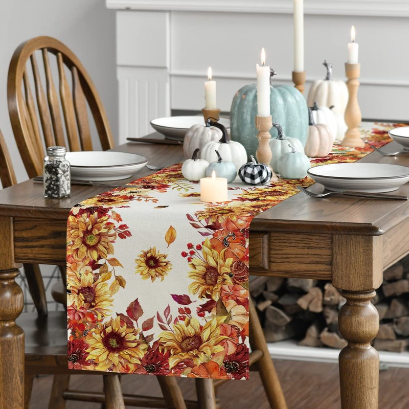Artoid Mode Sunflower Eucalyptus Leaves Fall Table Runner, Seasonal Autumn