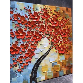 YaSheng Art -Modern Abstract Painting 3D Red Flowers Oil Painting On Canvas Tree Paintings Home Interior Decor Wall Art for living room Bedroom Ready to hang 24x24inch