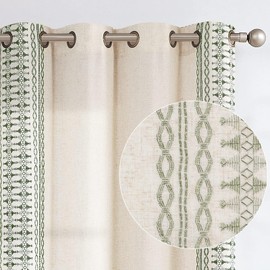 Lazzzy Linen Blend Boho Curtains for Bedroom Sage Green Embroidered Bordered Window Curtains Living Room Drapes 90 Inch Long Light Filtering Grommet Window Treatment 2 Panels Sage on Beige
