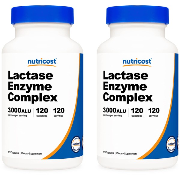 Nutricost Lactase Enzyme Complex 3,000 FCC ALU, 120 Veggie Capsules - Non-GMO, Gluten Free, 120 Servings (2 Bottles)