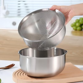 Korekaou Colander Bowl, Set of 2, 304 Stainless Steel, Colander Bowl, 2 L Capacity, Graduated, Heat-resistant Bowl, 7.9 x 3.9 inches (20 x 10 cm), Drain Hole Diameter Approximately 0.08 inches (2 mm