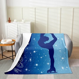 Ice Skating Flannel Blanket Boys Girls,Figure Skating Winter Sports Girl Silhouette Fuzzy Blanket All Season Bed Blanket,Navy Blue Gradient Starry Glitter Plush Blanket,Throw 50 x 60 Inches