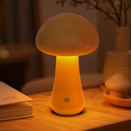 SAKSIAPRO Mushroom Lamp, Rechargeable Touch Control Mushroom Night Light, Portable Dimmable Wooden Lamp for Kids Room, Bedroom, 6.3" H