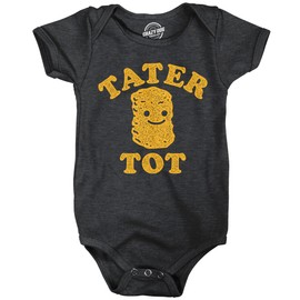 Crazy Dog T-Shirts Funny Baby Onesie – Tater Tot Food Graphic Bodysuit – Poly Cotton Blend Outfit – Sarcastic Novelty Infant Rompers – Newborn Clothes and Baby Shower Idea - Black 12 Months