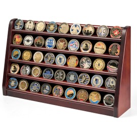 DecoWoodo Challenge Coin Display Case, 5 Row Military Coin Wooden Holder Rack Stand Holds 45 Coins for Desk or Wall Mount, Coin Holders for Collectors (Mahogany Finish)