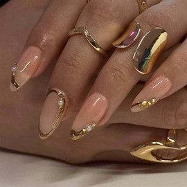 ONPRESS 24Pcs Gold Gilded French Tip Press on Nails Medium Almond Fake Nails with 3D Gold Beads Pearl Design Pink Nude Full Cover Glossy Acrylic Nails Ombre Tip Reusable Stick on Nails for Women