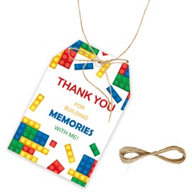 50pcs Building Blocks Thank You Tags, Toy Blocks Party Favors Gift Tag with String, Bricks Favor Tags for Birthday Party, Brick Toys Party Favors