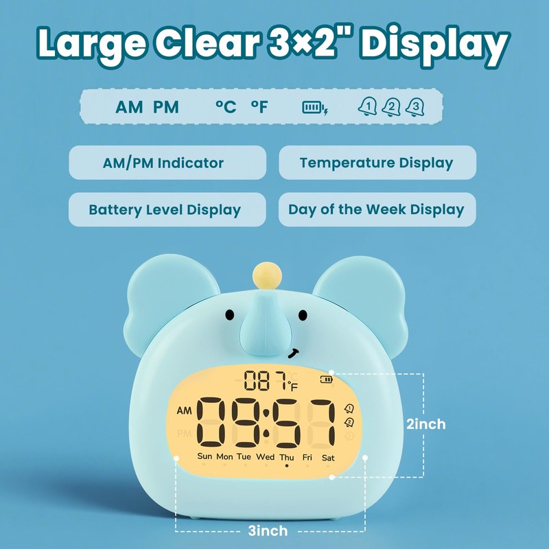 Aokpsrt Elephant Alarm Clock with Night Light for Kids –