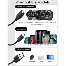 Bicmice Multi Charger Cable Fit for Garmin Instinct Vivoactive Forerunner Venu Vivosmart Fenix GPS Smartwatch 2 in 1 Nylon Braided USB Cable with USB-C for Phones Tablets Earphones Multiple Devices