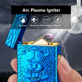 COMANYI Electric Lighter USB Rechargeable Lighter, Windproof Plasma Dual Arc Lighters, Flameless Cool Clock Lighters with LED Battery Indication for Candles, Incense Stick, Outdoor Use (Blue, Tiger)