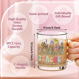3 Pcs Teacher Appreciation Glass Cup Helping Grow Glass Mugs with Handles 12oz Floral Ice Coffee Cup Teacher Cups Teachers Week Gifts Graduation Gift Thank You Gift for Teacher(Colorful,Wildflowers)