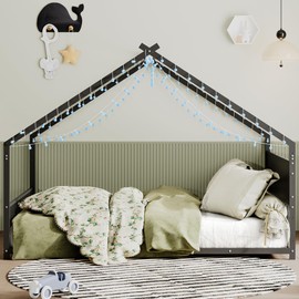 House Platform Bed Full Size, Full Size House Bed with RGB LED Light, Full Bed with Headboard and Footboard, Full Size Bed with Black