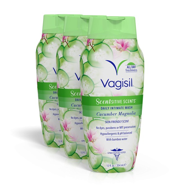 Vagisil Feminine Wash for Intimate Area Hygiene, Scentsitive Scents, pH Balanced and Gynecologist Tested, Cucumber Magnolia, 12 oz (Pack of 3)