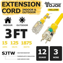 YOJOE Indoor Outdoor Extension Cord with Lighted End, 3 Prong 15A Weatherproof Power Cord, 12 Gauge Heavy Duty 3 ft Yellow Extension Cord for Garage, Garden and Home, 12/3 SJTW UL Listed