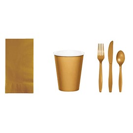 Baxters Party Bundles Bulk, Gold, 50 Count Paper Dinner Napkins, 48 Count 9 Ounce Paper Hot/Cold Cups, Heavyweight Plastic Cutlery for 48 People, Box of 242