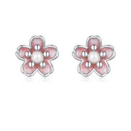 Glintara Women's Stud Earrings 925 Sterling Silver Bow Pearls Cherry Blossom Earrings Stud Bow Tie Stud Zirconia, Tiny Cross Pearl Earrings, Flower Studs with Pearl, Cute Earrings, Silver, Pearl