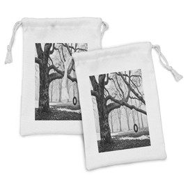 Lunarable Nature Fabric Pouch Set of 2, Tree of Life Theme with an Old Fashion Tire Swing Unused in Park Forest Image, Small Drawstring Bag for Toiletries Masks and Favors, 9" x 6", Black and White
