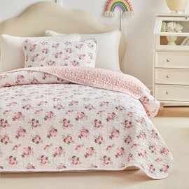 Joyreap Twin Size Quilt Set for Girls, Pink Flowers Design, 2pcs Soft n Cozy Microfiber Quilt, Bedspread Bed Cover for All Season- 68x88 inches