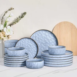 Herogo 18 Pieces Dishes Sets for 6, Stoneware Dinnerware Dishwasher & Microwave Safe, Ceramic Plates and Bowls Sets for Kitchen Restaurant, Haze Blue