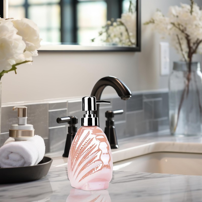 BUNCHBRAVO Ceramic Soap Dispenser, Pink Seashell Design, Refillable 14 Oz
