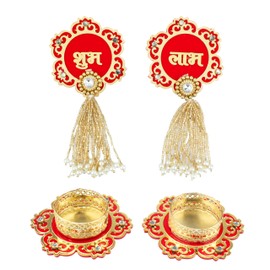 Decorative Shubh Labh Hanging Made of Acrylic with Tea Light Holder T Light Reusable Indian Traditional Festival Housewarming Pooja Decor Home Decor Gifts for Home Interior Decor (Size:-6"X3")(Red)