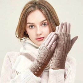 Fadsace Winter Knit Gloves Touchscreen Texting Gloves Thick Cotton Fingerless + Full 2-in-1 (Khaki)