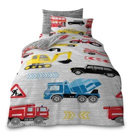 VELVETIO Luxury Kids Duvet Cover Set & Pillowcase, Boys & Girls Printed Transport Bedding Quilt Single, Soft Reversible Vehicle Comforter Bedset, Multi