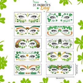 10 Sheets St.Patrick's Day Face Temporary Tattoos Green Shamrock Temporary Tattoo Stickers for Women Men in Party Favors Supplies Irish St Patricks Day Decorations Accessories