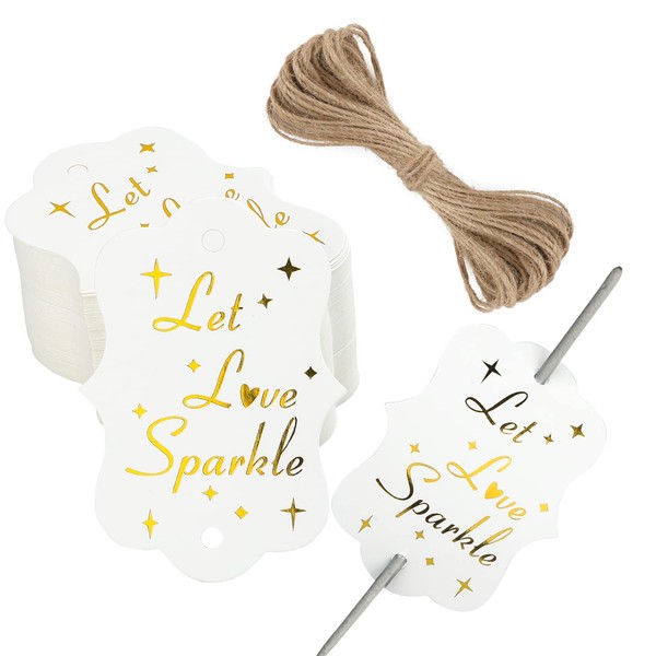 G2PLUS Wedding Favor Tags, 100PCS Let Love Sparkle Tags, Gold Wedding Gift Tags, 2.75''x1.96'' Wedding Send Off Tags, White Paper Gift Tags with String for Valentines, Baby Shower, Anniversary