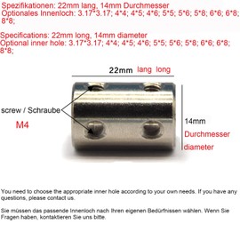 Rigid Coupling Shaft Coupling Connector 3/3.17/4/5/6/6.35/7/8/10/12 mm Hole Selection, Bore Rigid Coupling Kit Screw D14 L22 D16 D20 Stainless Steel 3D Printer Motor Accessories (4 x 6)