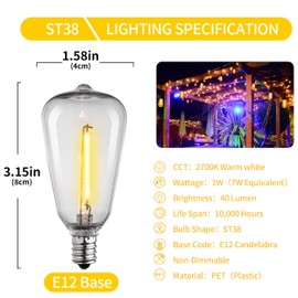 50 Pack ST38 Replacement Bulbs,ST38 Edison Led Bulbs,ST38 Shatterproof String Light Bulbs Replacement,E12/C7 Small Base Outdoor Light Bulbs,1w Low Wattage Edison Light Bulbs,2700k Led Light Bulbs