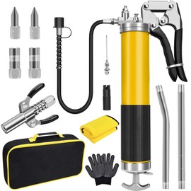 Grease Gun Kit, 7000 PSI Heavy Duty Pistol Grip Grease Gun with 14 oz Capacity, Includes 18 Inch Resin Flex Hose, Double Handle Grease Coupler and Other Accessories, Grease Gun for Automotive, Marine