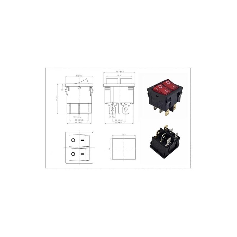Double Rocker Switch Black 20 x 22 mm Red Rocker