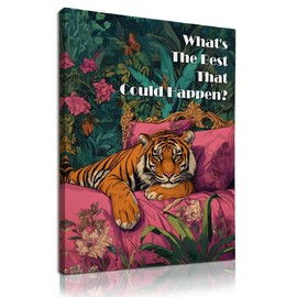 KU-DaYi Boho Tiger Inspirational Wall Art Decor, Maximalist Eclectic Floral Tiger Canvas Prints Pictures Framed, What's the Best That Could Happen Wall Art Prints for Home Bedroom Decor, 11x14 Inches