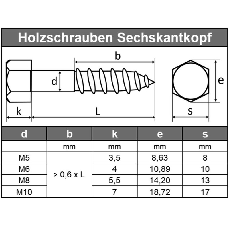 6 x 100 mm (Pack of 10) Hexagon Wood Screws