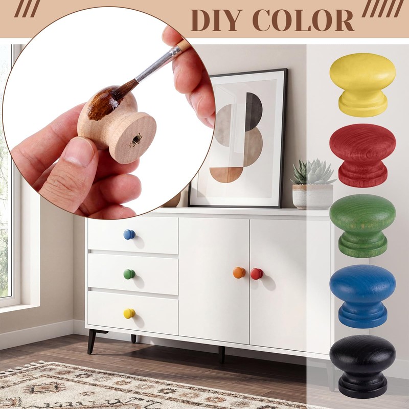 Pinkunn 50 Pcs Wood Unfinished Drawer Knobs, Round Mushroom Shape