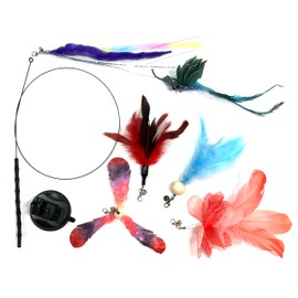 Johnson Pet Products Interactive Cat Teaser Wand with Feather Attachments, Multi-Color Toys, 8 Piece Set