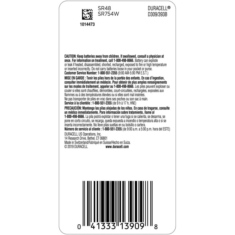 Duracell 309/393 Silver Oxide Button Battery 1.5 Volt Battery, 1