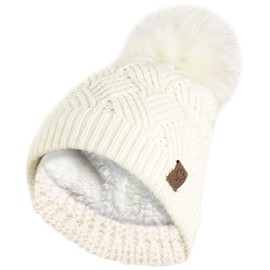 RockJock Ladies Warm Chunky Diamond Cable Knit Hat with Thermal Teddy Fleece Lining and Detachable Faux Fur Pompom-Cream