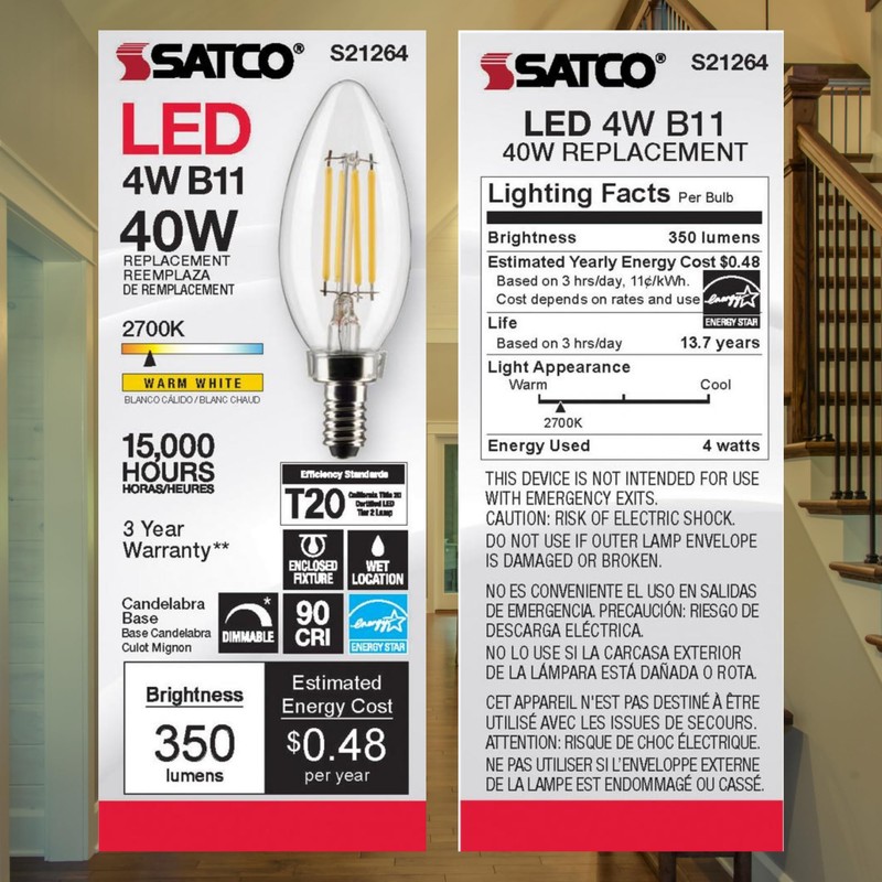 Satco LED Lamp, S21264 4B11/LED/927/CL/120V/E12, 4 Watt B11 Lightbulb, Clear;