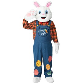Aotiooy Easter Bunny Costume Adult, Deluxe Rabbit Plush Mascot Costume Outfit with Head Plaid Shirt & Overall Party Suit