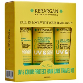 Kerargan - UV- & Farbschutz-Reiseset mit Marulaöl für trockenes und gefärbtes Haar - Shampoo, Conditioner, Maske - Ohne Sulfate, GVO, Mineralöl - 3x100ml