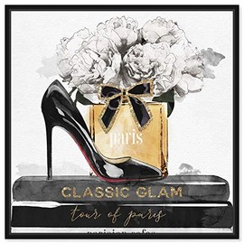 The Oliver Gal Artist Co. Fashion and Glam Framed Wall Art Canvas Prints 'Glamorous Stack' Shoes Home DÃ©cor, 12" x 12", Black, Gold