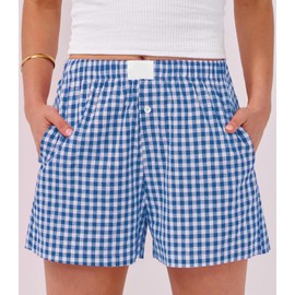 Lziizl Womens Boxer Shorts Cotton Summer Casual Pajama Y2K Sleep Gingham Plaid Shorts Bottom with Pockets Light Blue
