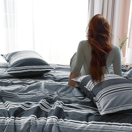 PHF King Comforter Set - 3 Pieces Soft Striped Bedding Comforter Sets, Charcoal Grey Stripe Fluffy Bed Set for All Season, 1 Lightweight Comforter (104"x90") and 2 Pillowcases (20"x36")